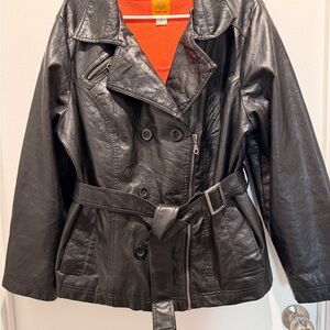 New Look Black Faux Leather Moto Trench Jacket Belted Size 2XL